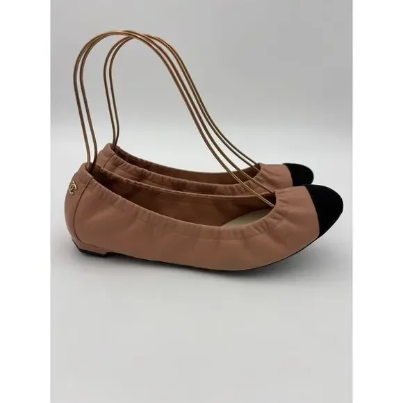 Chanel Interlocking CC Logo Ballet Flat Beige Black Leather Size 38.5 / 8.5 - Picture 6 of 16